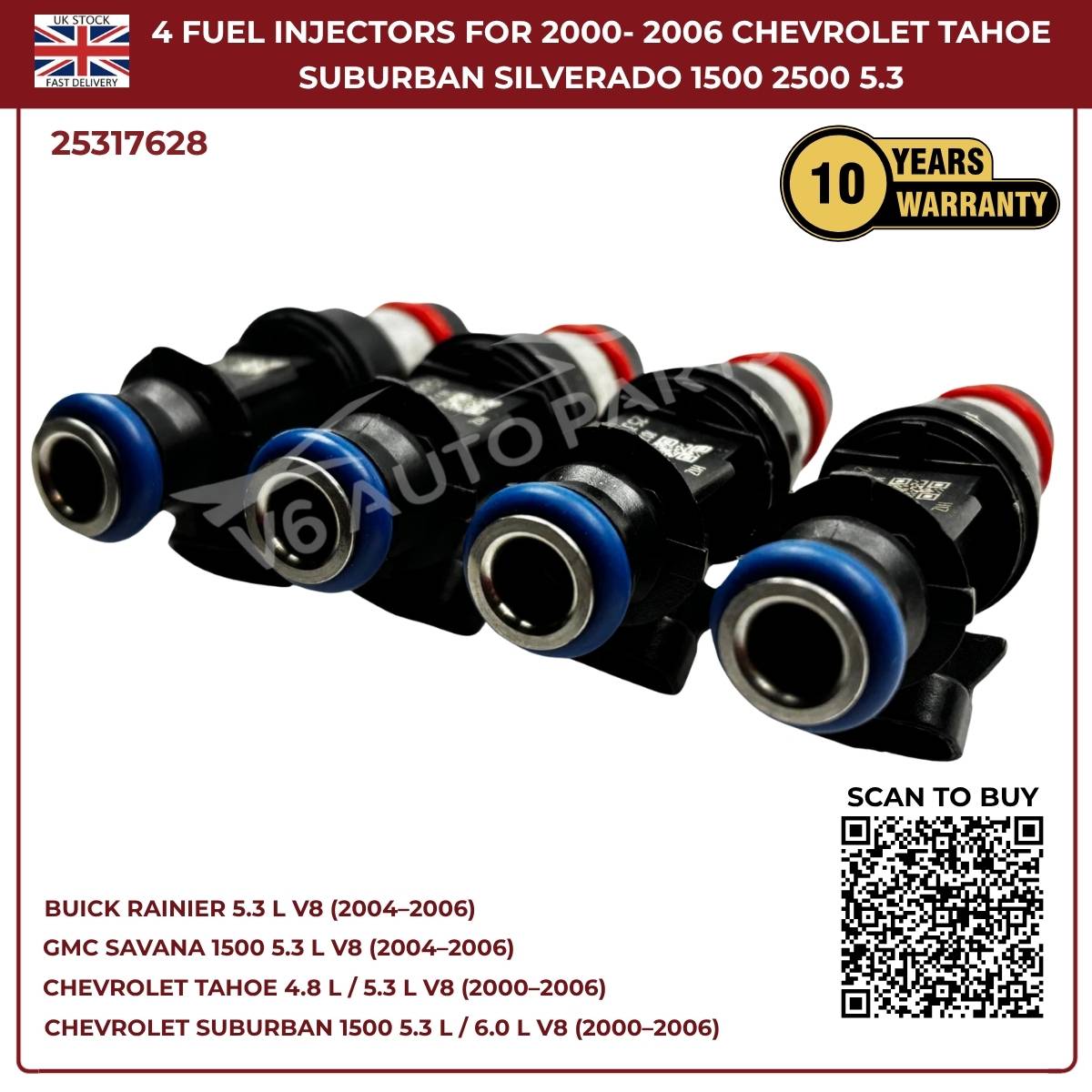 4x Fuel Injectors – Fits 2000–2006 Chevrolet Tahoe, Suburban, Silverado, Express 6.0L V8 | OE Replacement Part #25317628