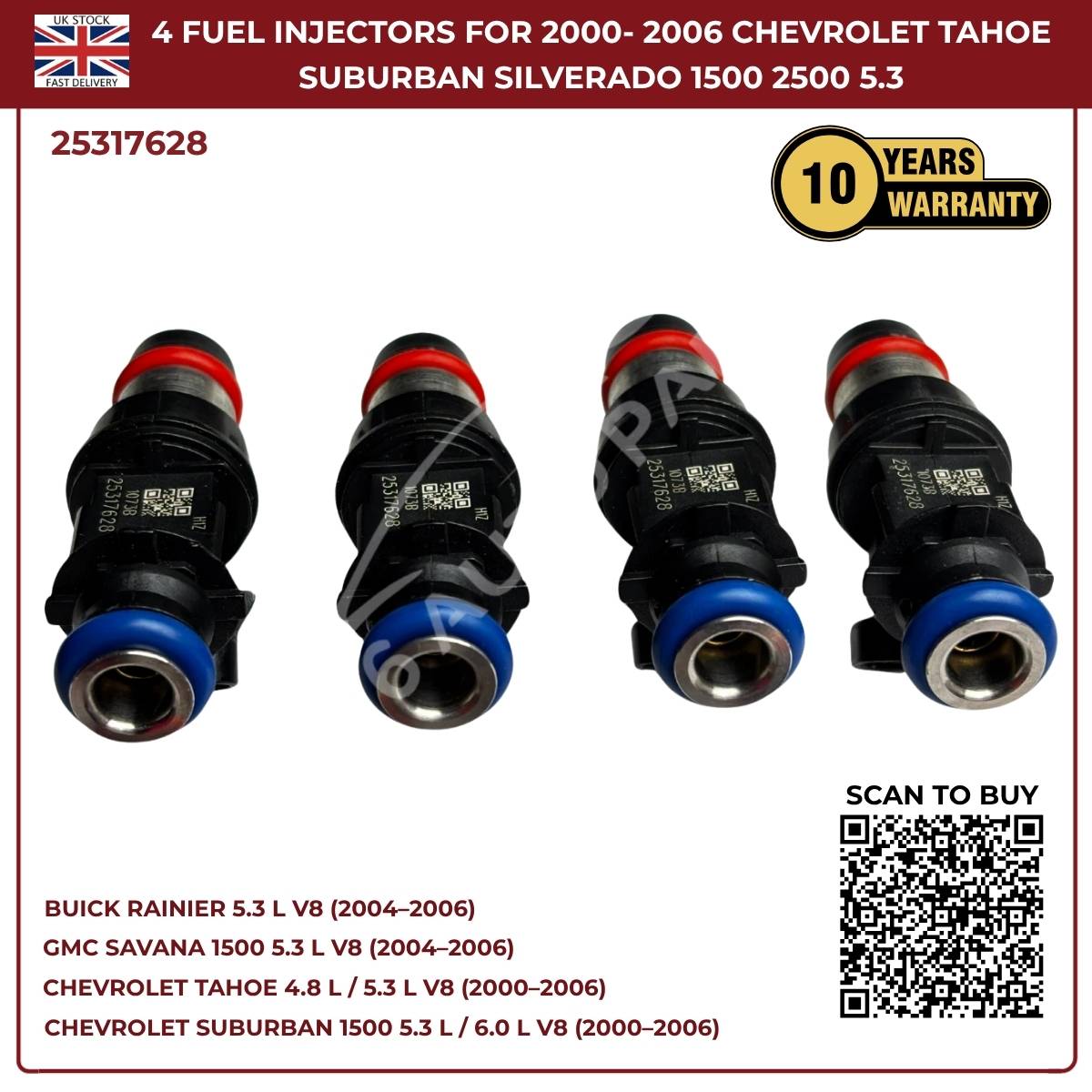 4x Fuel Injectors – Fits 2000–2006 Chevrolet Tahoe, Suburban, Silverado, Express 6.0L V8 | OE Replacement Part #25317628