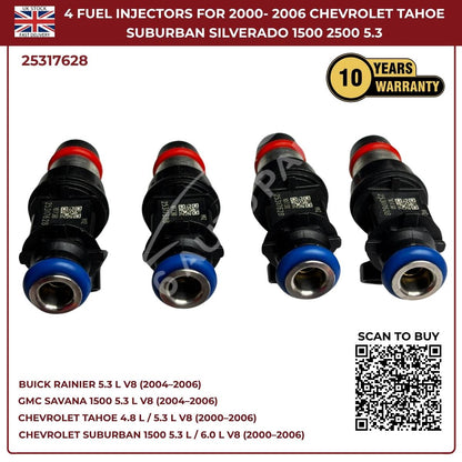4x Fuel Injectors – Fits 2000–2006 Chevrolet Tahoe, Suburban, Silverado, Express 6.0L V8 | OE Replacement Part #25317628