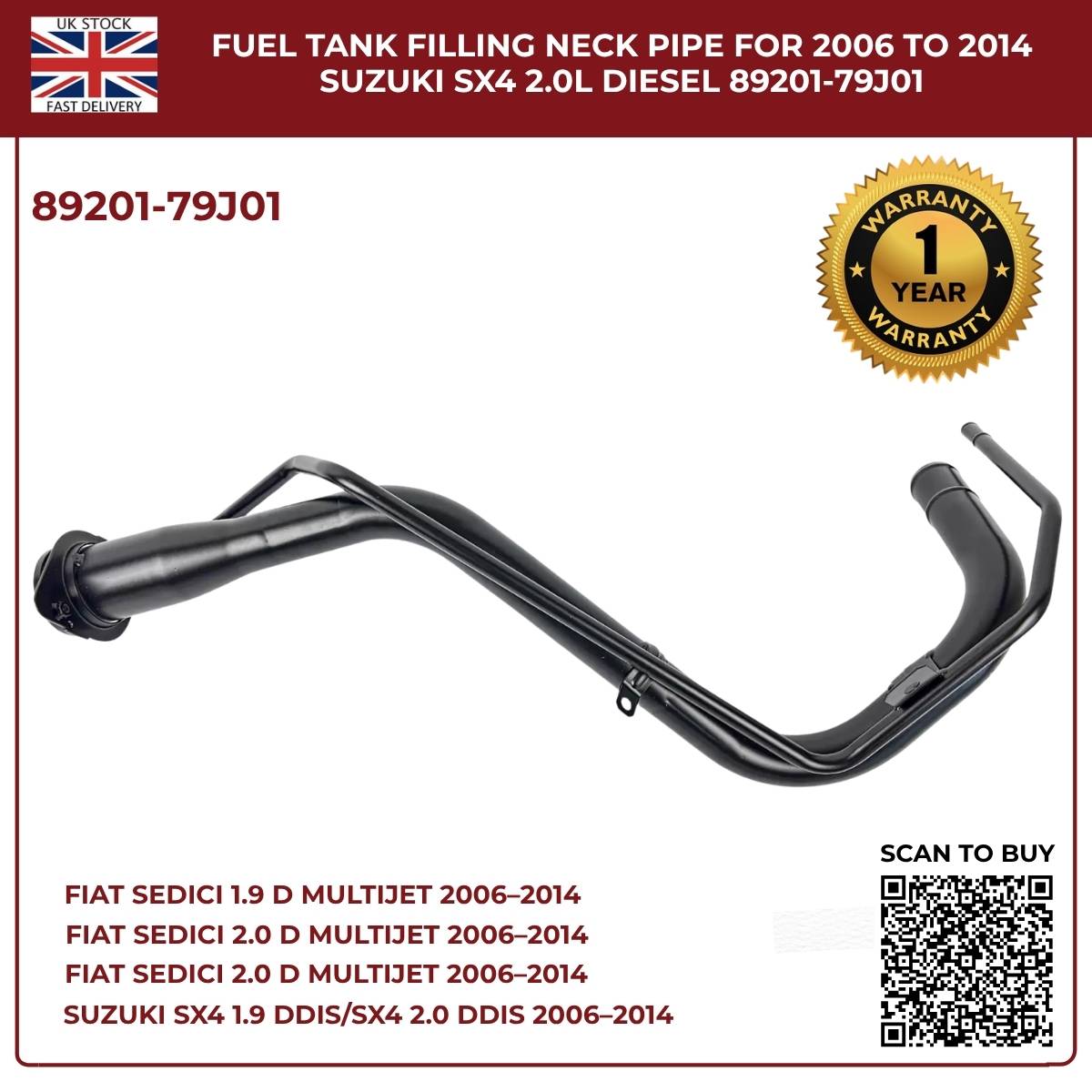 Fuel Tank Filler Neck Pipe 89201-79J01 – Fits 2006–2014 Suzuki SX4 & Fiat Sedici (Diesel, OEM Replacement)