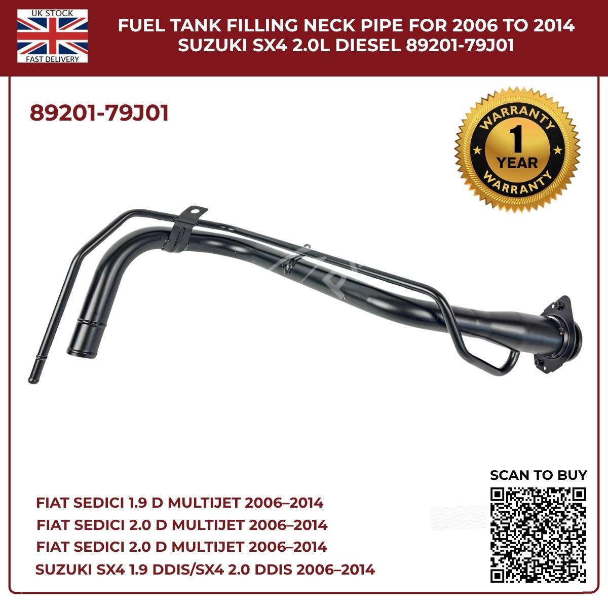 Fuel Tank Filler Neck Pipe 89201-79J01 – Fits 2006–2014 Suzuki SX4 & Fiat Sedici (Diesel, OEM Replacement)