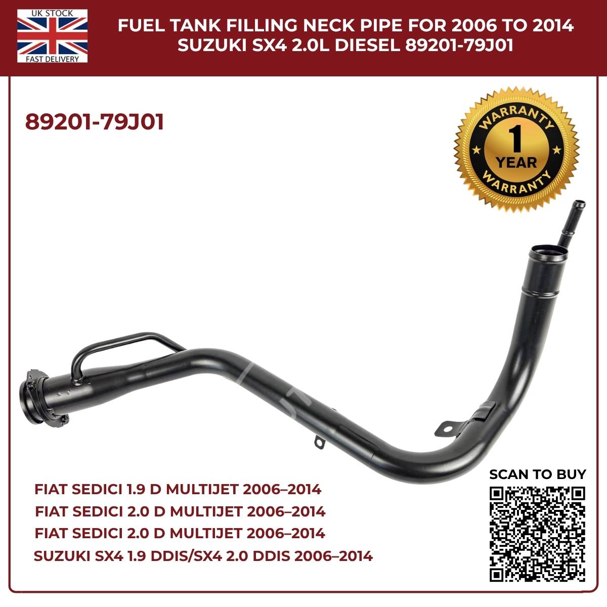 Fuel Tank Filler Neck Pipe 89201-79J01 – Fits 2006–2014 Suzuki SX4 & Fiat Sedici (Diesel, OEM Replacement)