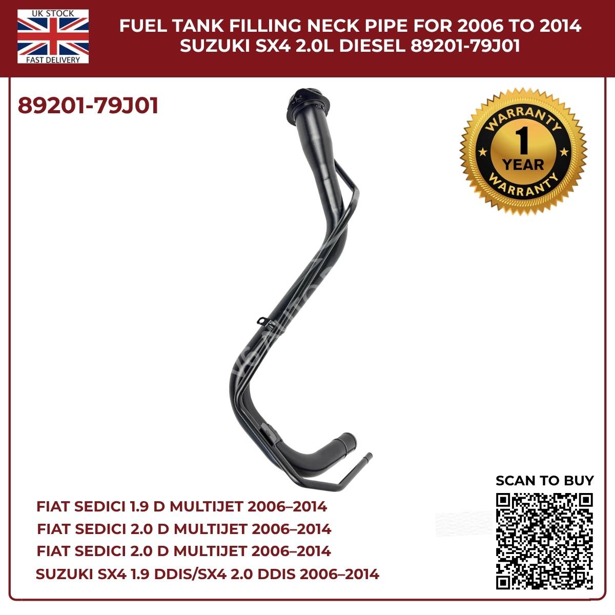 Fuel Tank Filler Neck Pipe 89201-79J01 – Fits 2006–2014 Suzuki SX4 & Fiat Sedici (Diesel, OEM Replacement)