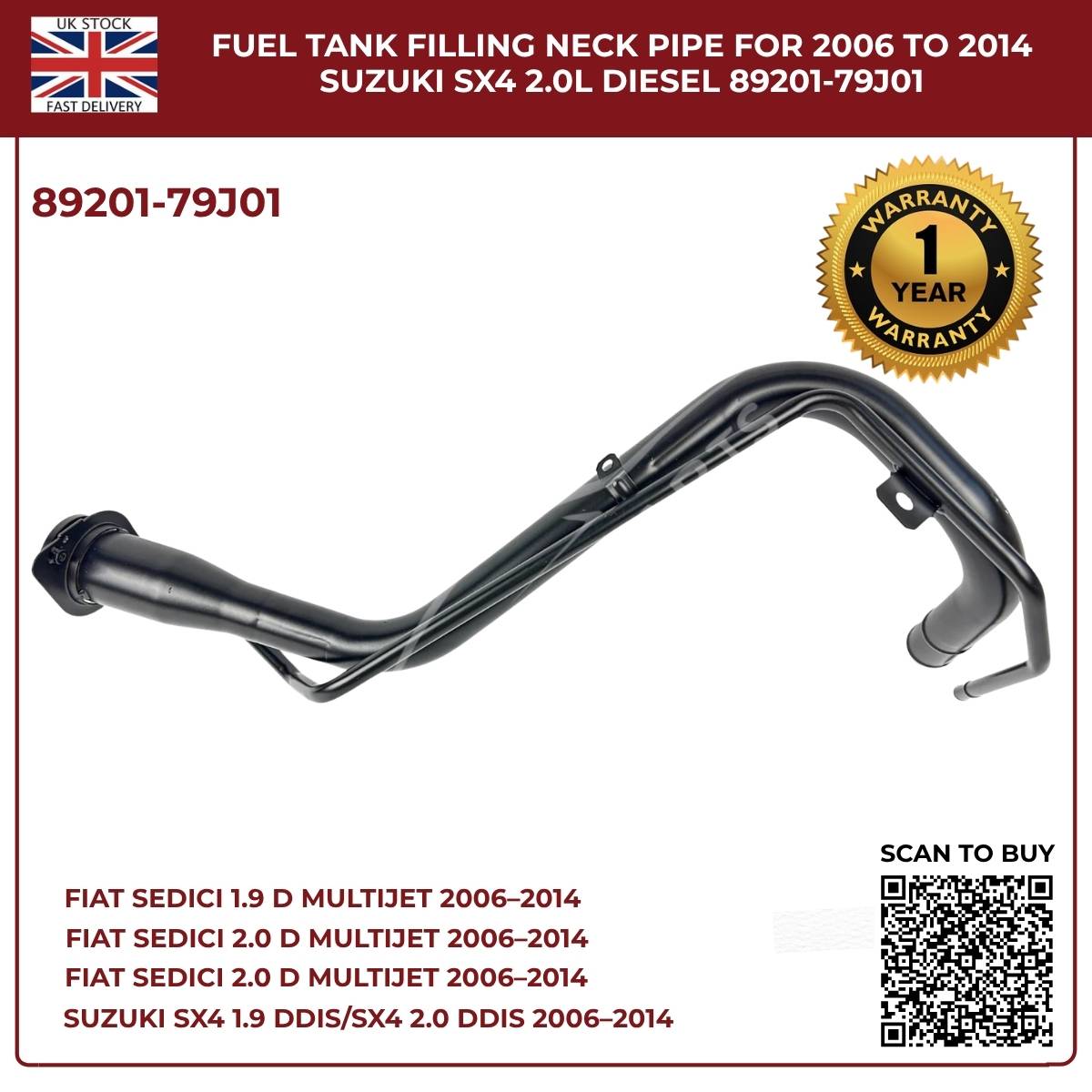 Fuel Tank Filler Neck Pipe 89201-79J01 – Fits 2006–2014 Suzuki SX4 & Fiat Sedici (Diesel, OEM Replacement)