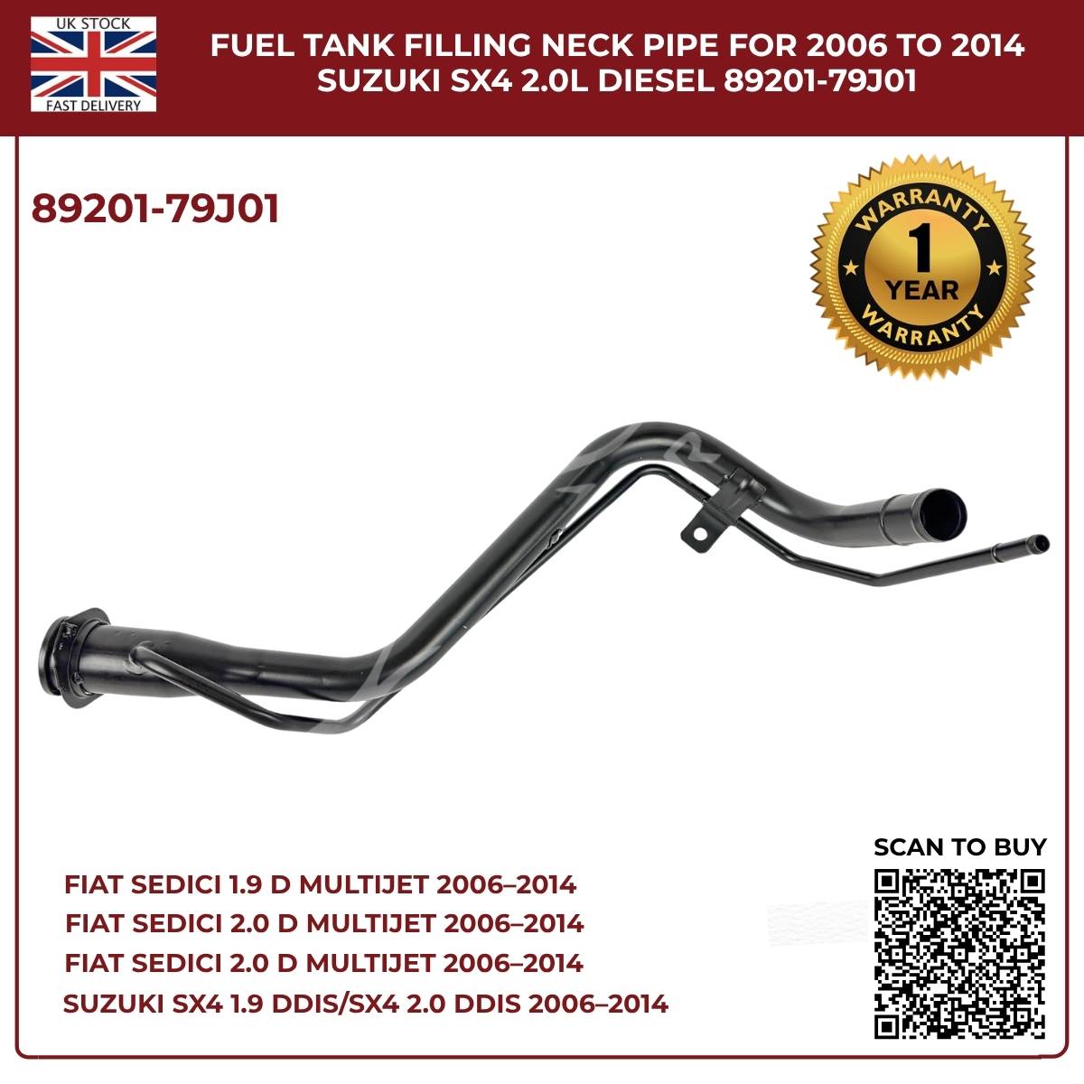 Fuel Tank Filler Neck Pipe 89201-79J01 – Fits 2006–2014 Suzuki SX4 & Fiat Sedici (Diesel, OEM Replacement)