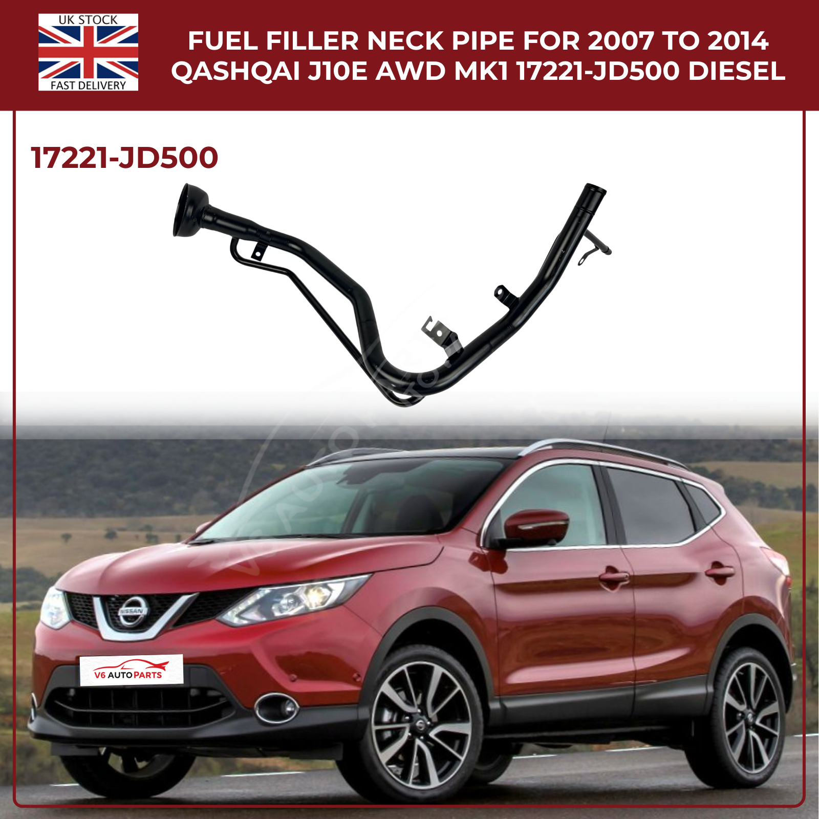 Fuel Filler Neck Pipe 17221‑JD500 | Fits Nissan Qashqai J10 & Qashqai +2 MK1 Diesel (2007–2014) – 1.5L, 1.6L, 2.0L Engines
