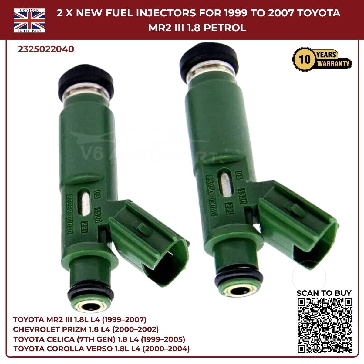2 x Fuel Injectors – 23250‑22040 – Fits 2000‑2002 Chevrolet Prizm 1.8L L4 Petrol Saloon