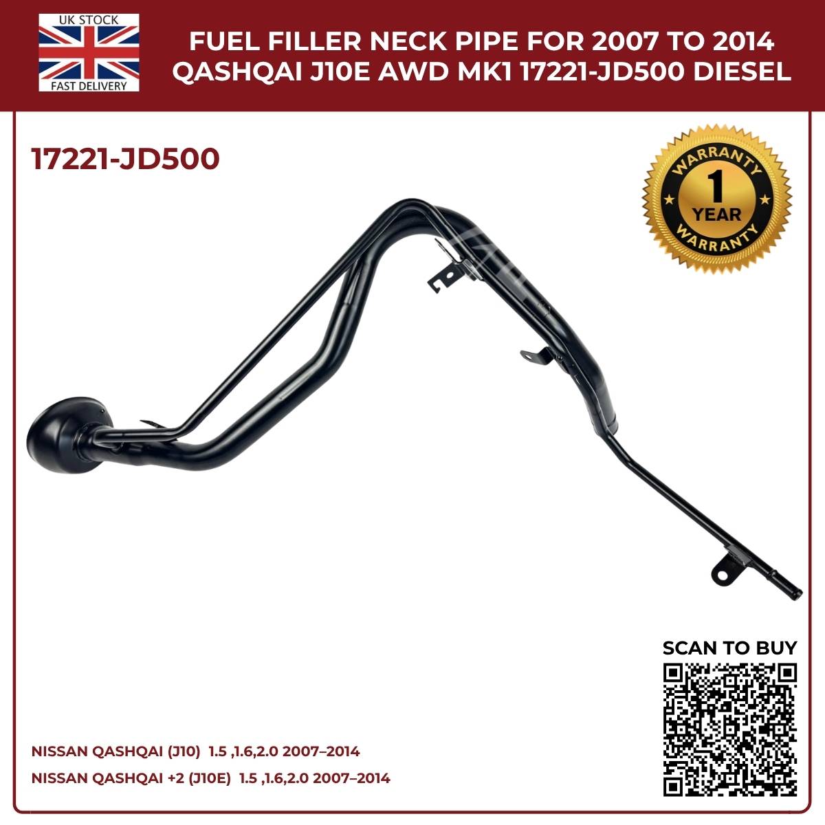 image of Nissan Qashqai 1.5L diesel fuel tank filler neck 17221-JD500
