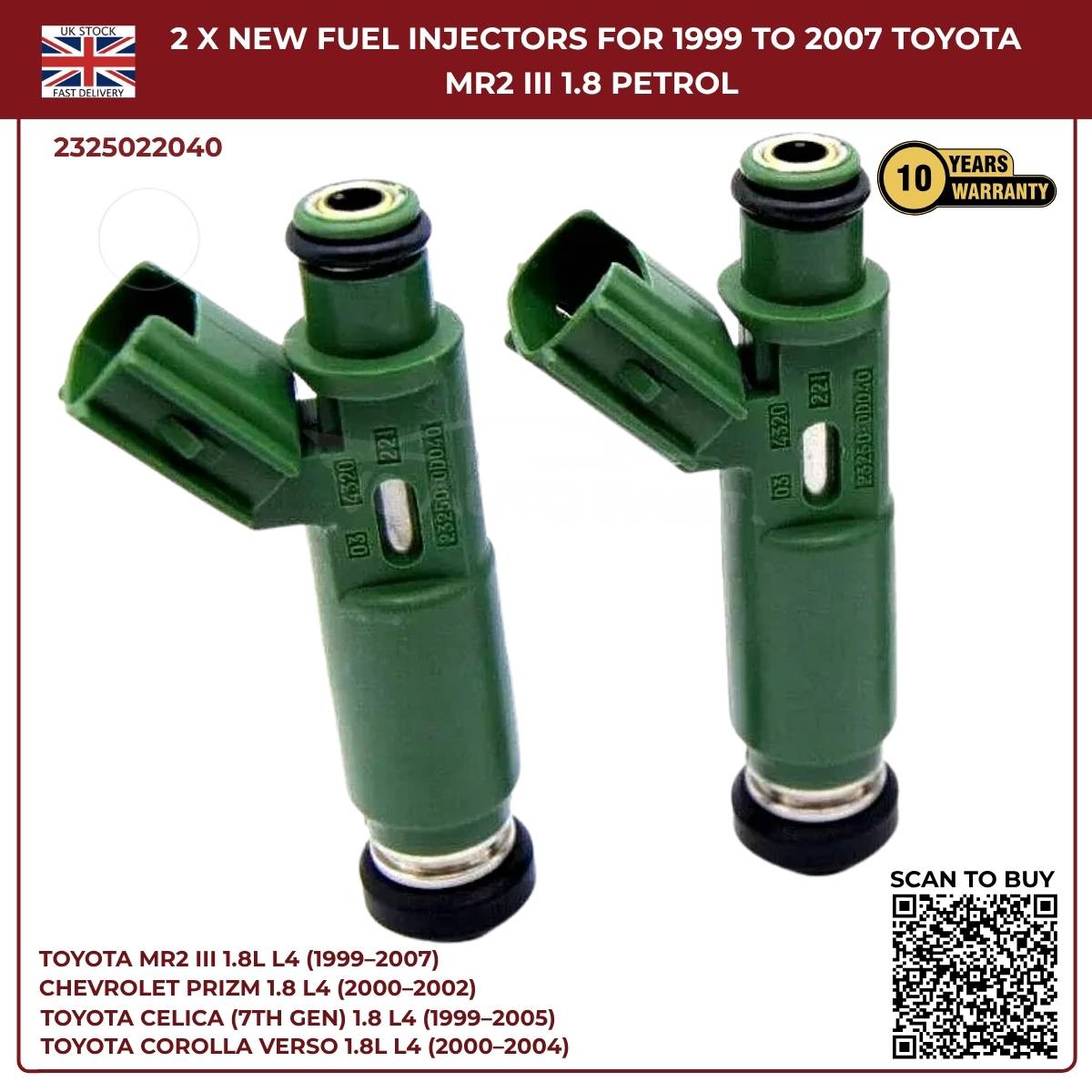 2 x Fuel Injectors – 23250‑22040 – Fits 2000‑2002 Chevrolet Prizm 1.8L L4 Petrol Saloon