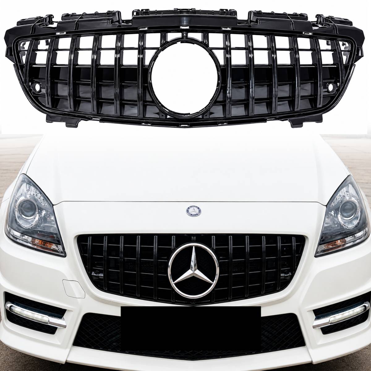 Front Black Panamericana GT-R Replacement Grille for Mercedes SLK-Class R172 (2011-2016) AMG Style, Distronic Compatible