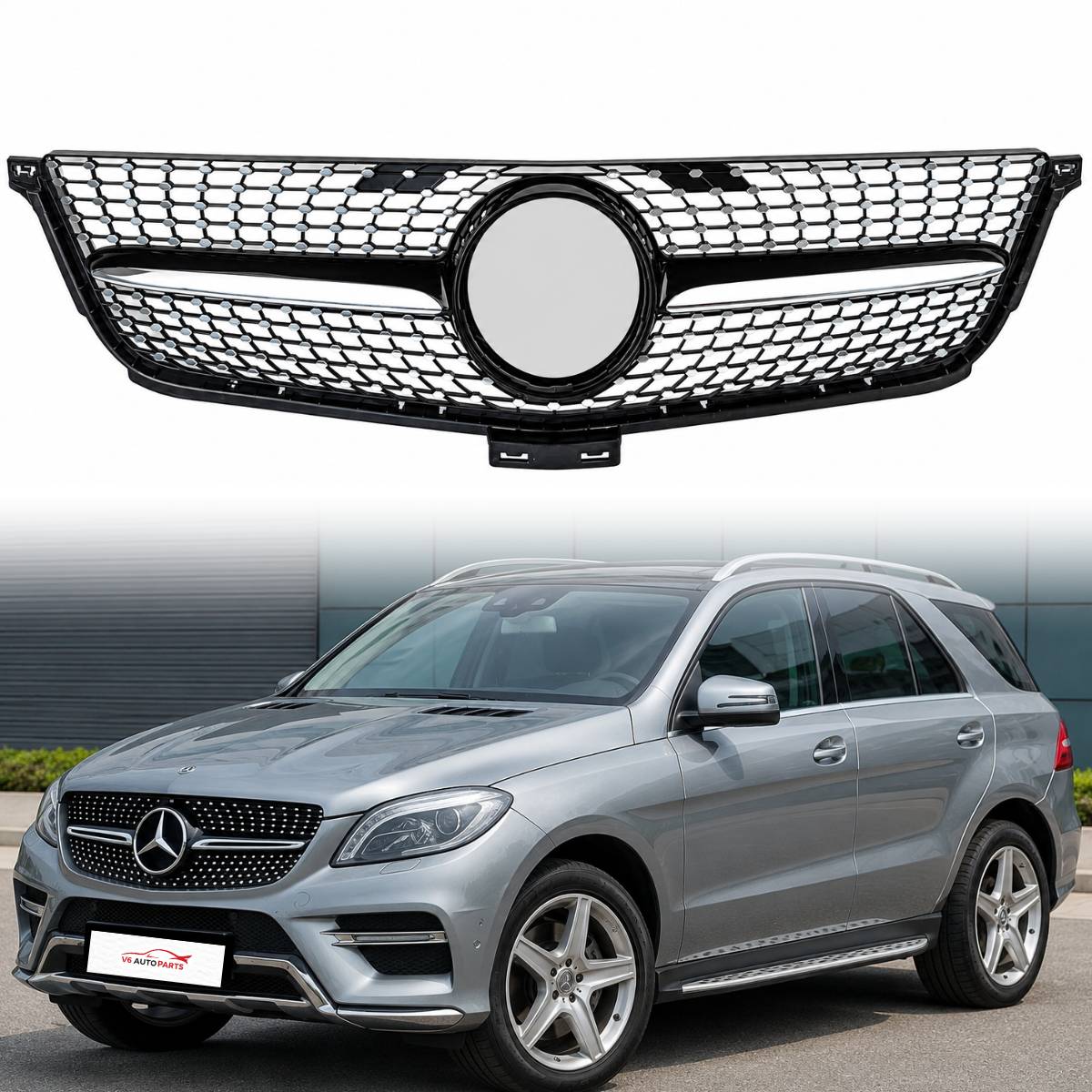 For Mercedes M‑Class X166 ML63 AMG Front Radiator Diamond Grille Black Chrome (2011–2016)