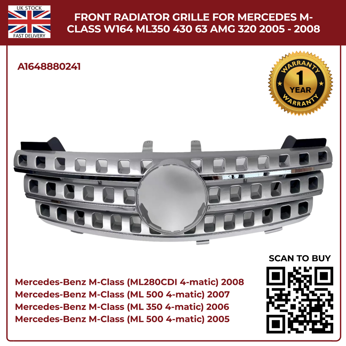 Front Radiator 7-Hole Chrome Grille – Mercedes-Benz M-Class W164 (2005–2008)