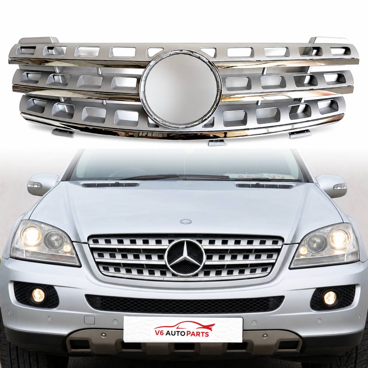 For Mercedes W164 M‑Class Chrome Front Bumper Grille 5‑Hole ML320 ML350 ML500 2005‑2008