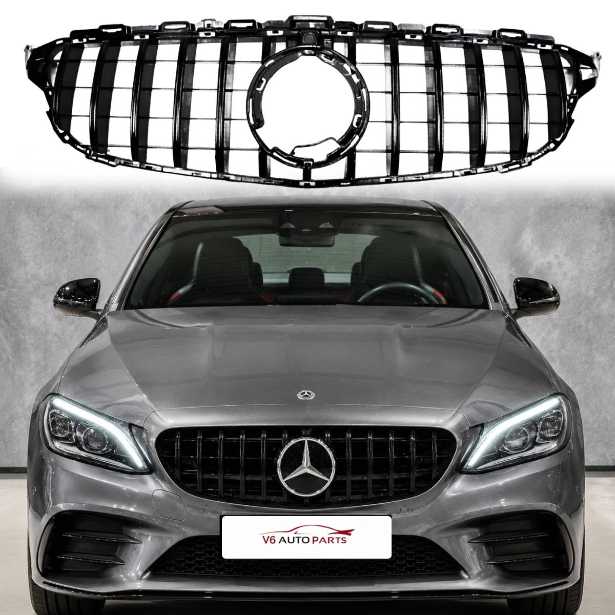 GT‑Style Gloss Black Front Radiator Grille for Mercedes‑Benz C‑Class W205 (2018‑2020 | C200, C43 AMG)