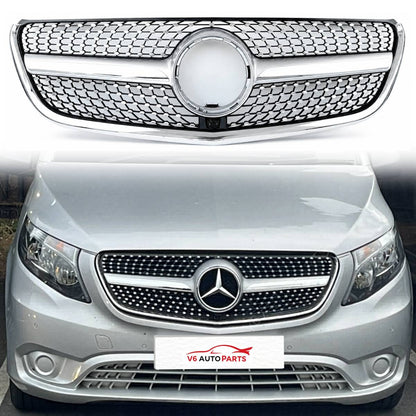 168CF Frontstoßstange Diamond Silver Grille für 2014–2022 Benz VITO BOX VAN W447 Chrom 