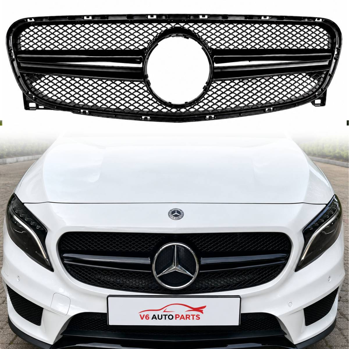 Front Bumper Gloss Black Fin Grille – Fits Mercedes-Benz GLA-Class X156 (GLA180, GLA200, GLA45 AMG) 2013–2016