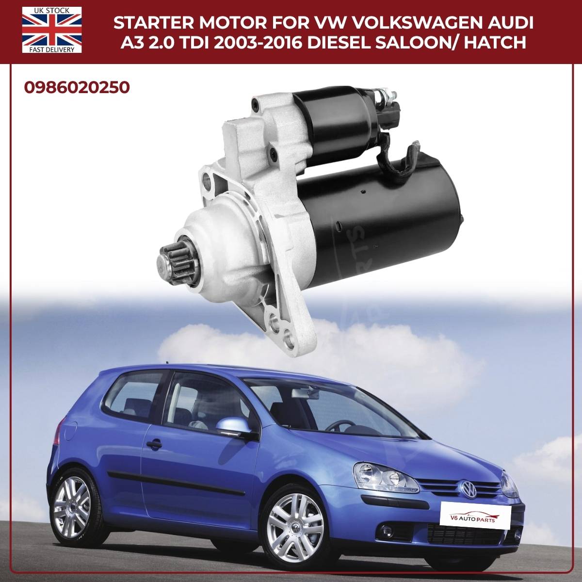 Starter Motor for VW & Audi A3 2.0 TDI (2003–2016) Diesel Saloon/Hatchback