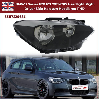 For BMW 1 Series F20/F21 Halogen Headlight – Right Side | 2011‑2015 RHD | Black Inner Housing | 63117229686