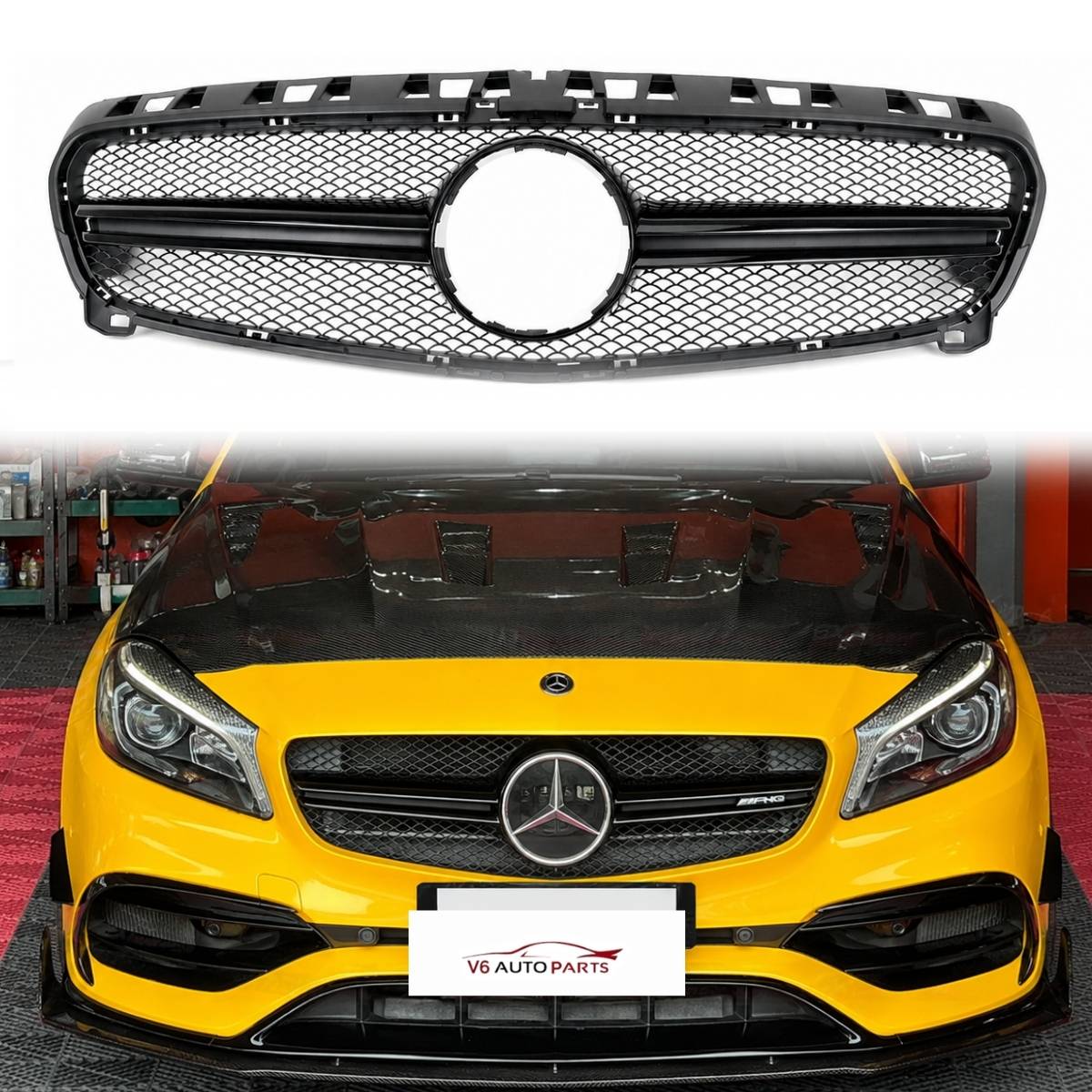 For Mercedes-Benz A-Class W176 Front Bumper AMG Sport Grille – Gloss Black (A45, A180, 2012–2015)
