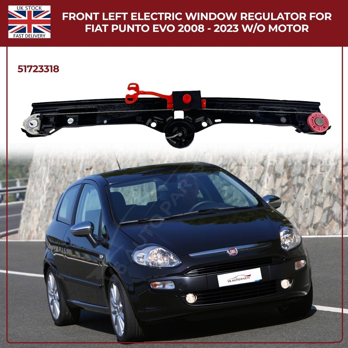 Front Left Electric Window Regulator (No Motor) – Fits Fiat Grande Punto & Punto Evo 2005–2023 | OEM 51723318