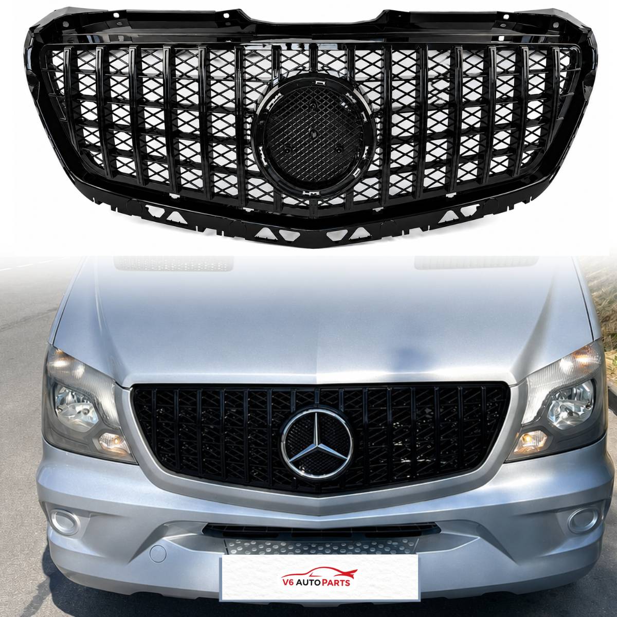 GT Panamericana Style Front Bumper Grille for Mercedes-Benz Sprinter 313 W906 (2013–2018 Facelift) – Gloss Black Radiator Grille Replacement
