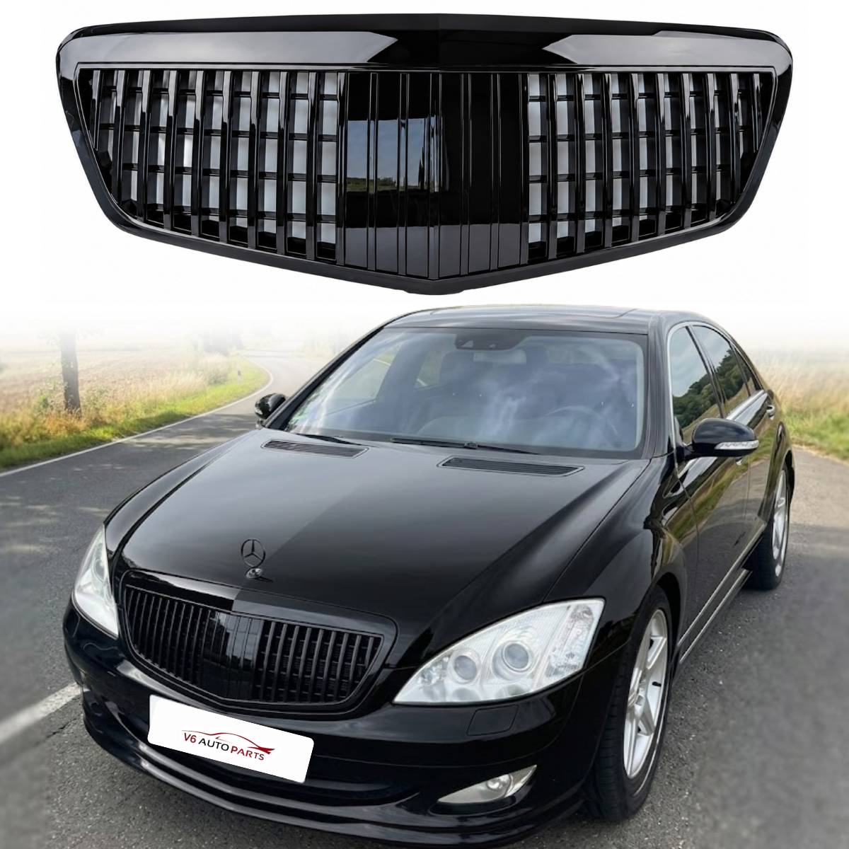 Maybach Style Front Radiator Grille – Gloss Black | Mercedes S‑Class W221 (2009–2013, S65 S400)