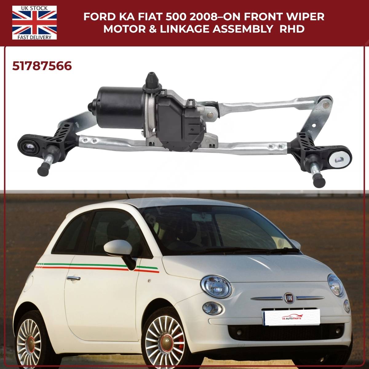 Fiat 500 / Ford KA Front Wiper Motor & Linkage Assembly (2008–Onwards, RHD) – OE 51787566