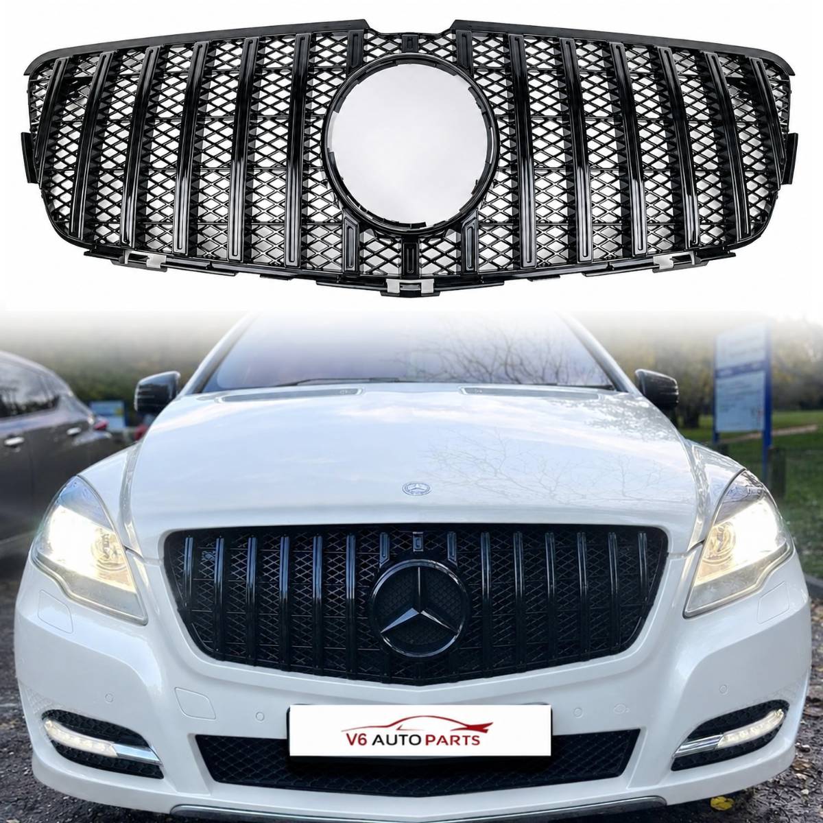 For Mercedes R-Class W251 GT Grille – Gloss Black Front Radiator (2011–2017, AMG R63 / R280CDI)