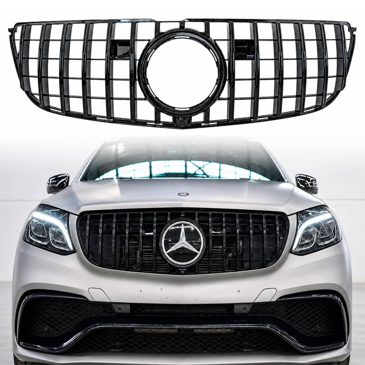 Front Bumper Gloss Black GT Grille – Mercedes GLS-Class X166 (2016–2019 AMG Distronic Style)