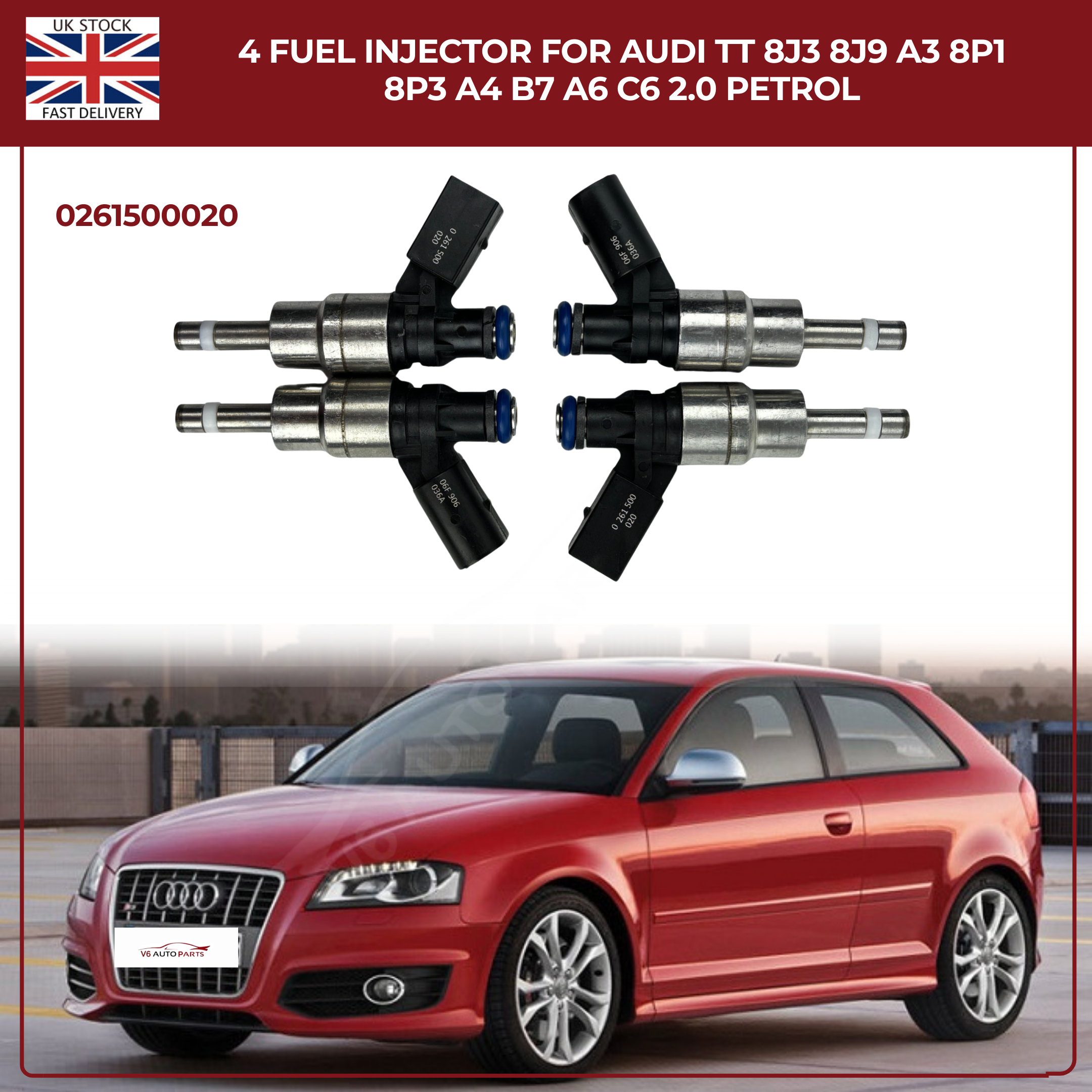 4 Fuel Injector For Audi TT 8J3 8J9 A3 8P1 8P3 A4 B7 A6 C6 2.0 0261500020 Petrol