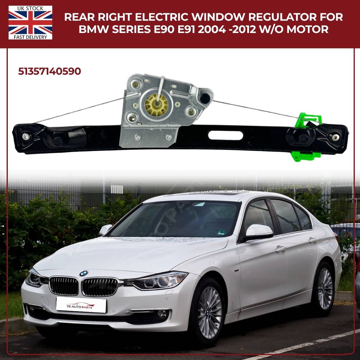 BMW 3 Series E90/E91 Rear Right Window Regulator (2004–2012, W/O Motor)