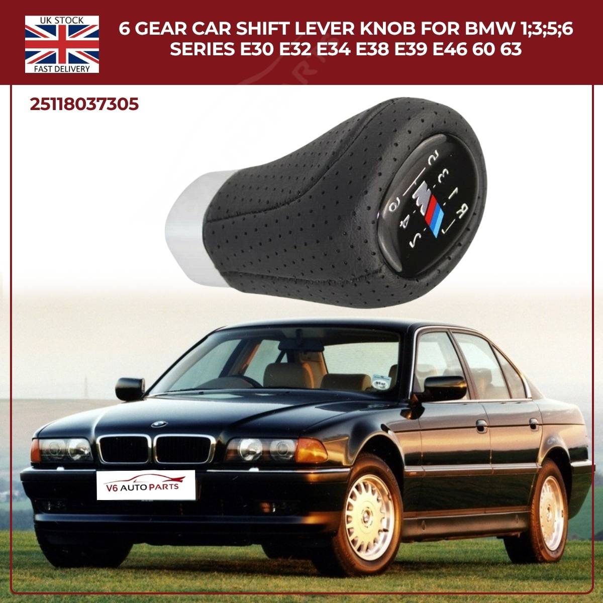 BMW 1 3 5 6 Series 6‑Speed Gear Shift Knob – Leather Top, ABS – Fits E30 E32 E34 E38 E39 E46 E53 E60 E63