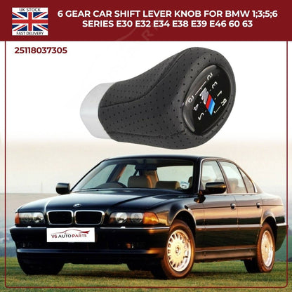 BMW 1 3 5 6 Series 6‑Speed Gear Shift Knob – Leather Top, ABS – Fits E30 E32 E34 E38 E39 E46 E53 E60 E63