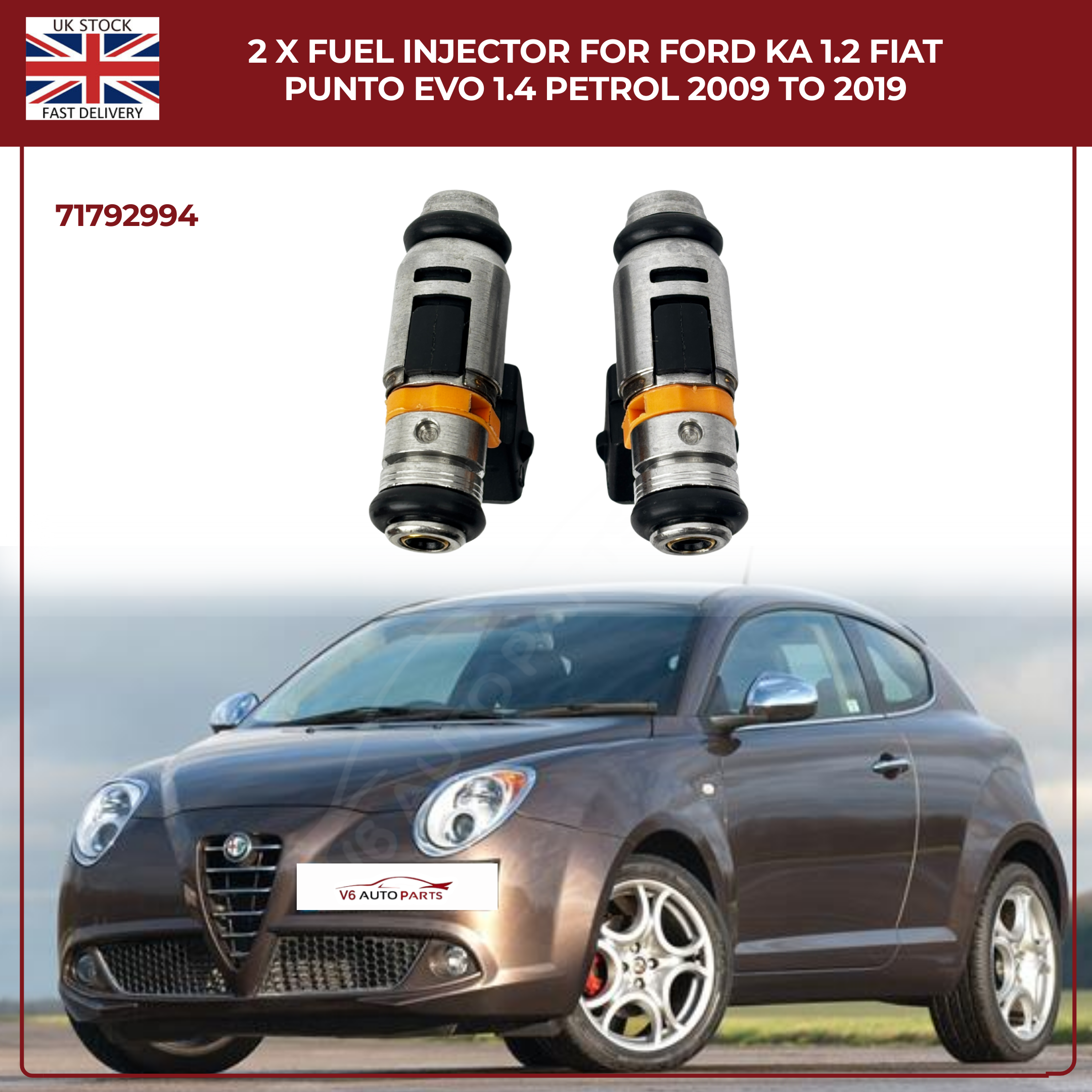 2 x Fuel injector For 09 To 2019 Ford Ka 1.2 Fiat Punto Evo 1.4 Petrol