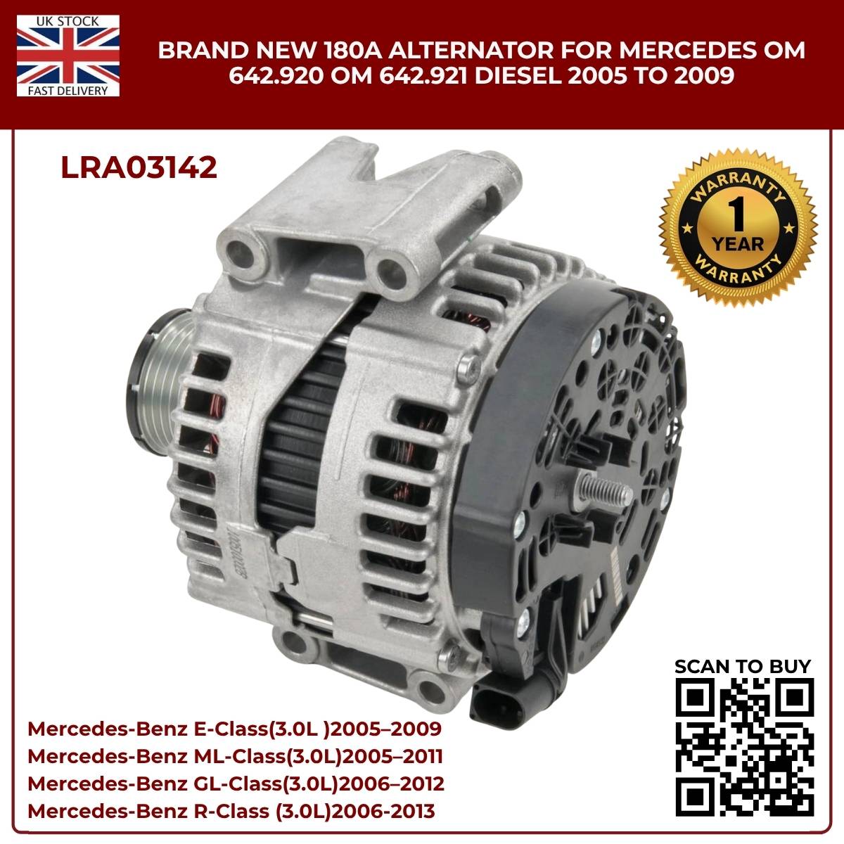 image of Mercedes-Benz OM642.920 Diesel Engine Alternator 180AMP LRA03142
