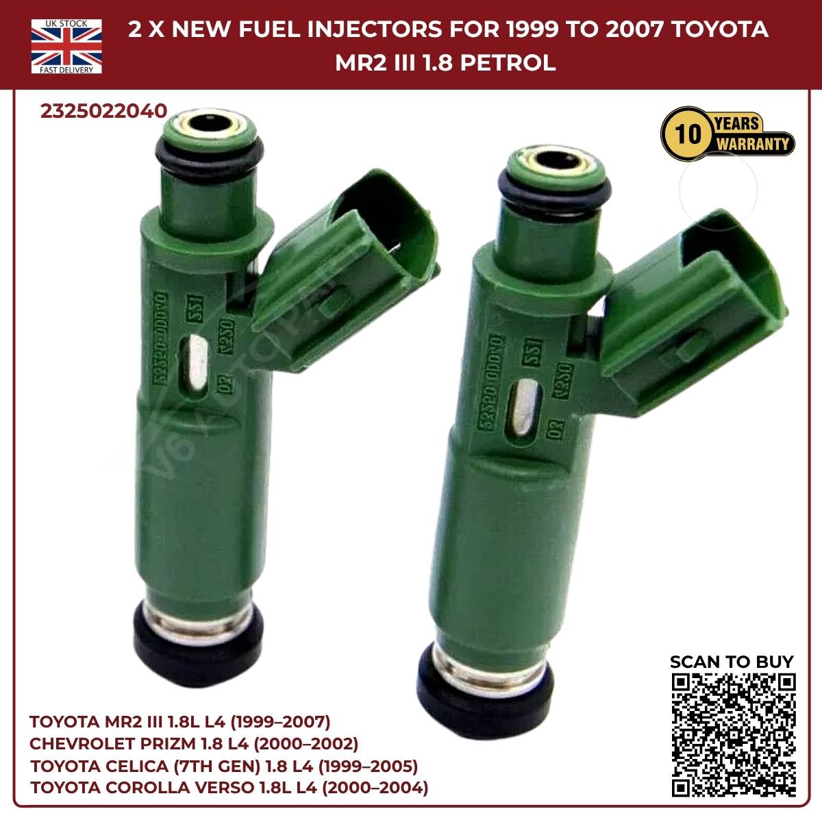 2 x Fuel Injectors – 23250‑22040 – Fits 2000‑2002 Chevrolet Prizm 1.8L L4 Petrol Saloon