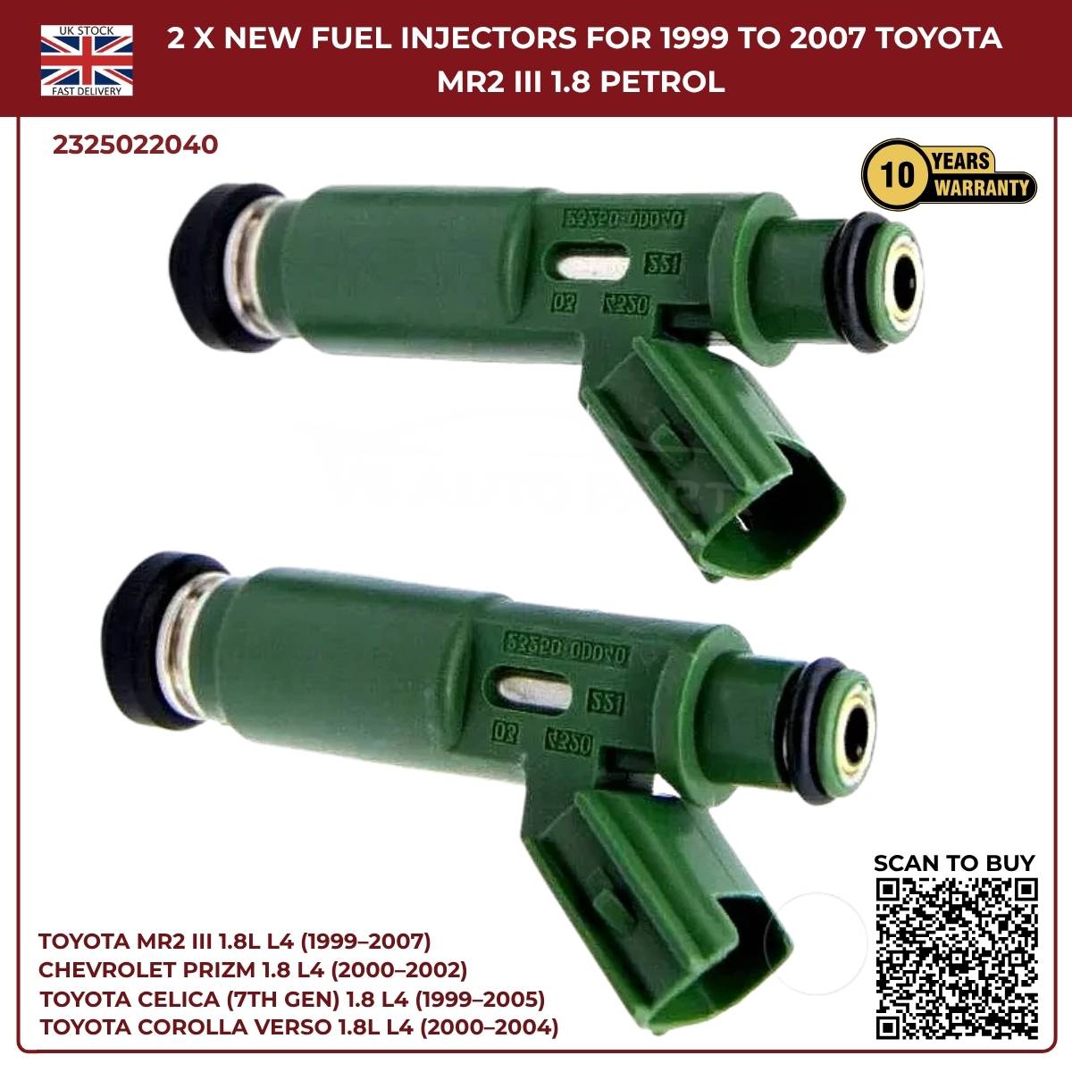 2 x Fuel Injectors – 23250‑22040 – Fits 2000‑2002 Chevrolet Prizm 1.8L L4 Petrol Saloon
