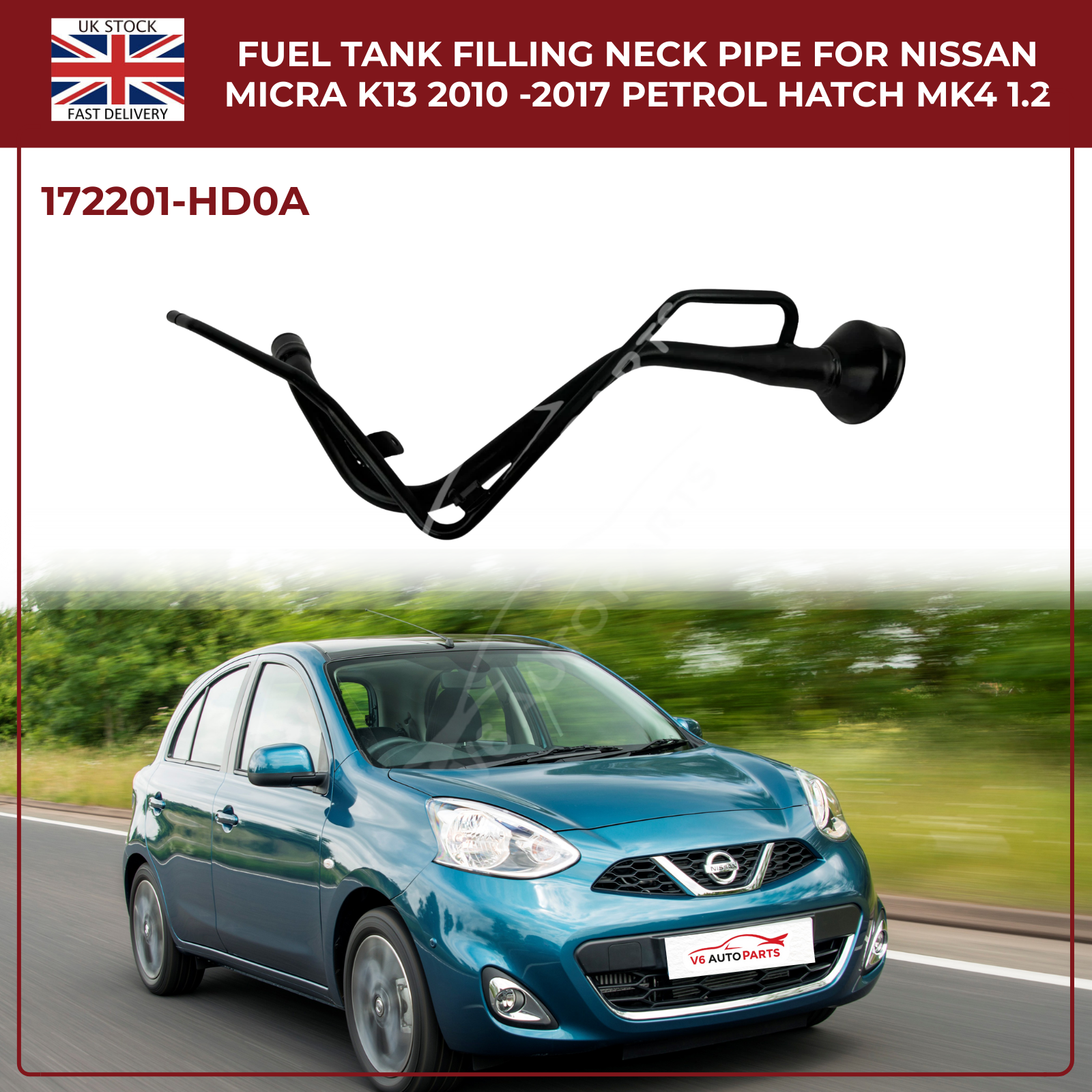 Fuel Tank Filler Neck Pipe For  Nissan Micra K13 Mk4 Petrol Hatchback 2010–2017 (1.2L HR12DE) | OEM Ref 172201‑HD0A
