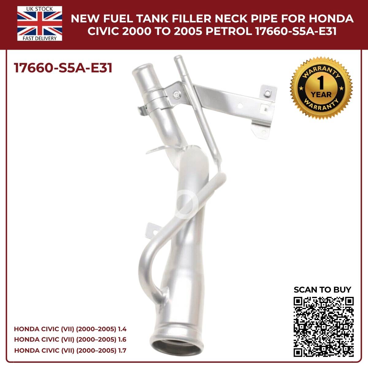 Image of 17660-S5A-E31 fuel filler pipe for Honda Civic 1.4, 1.6 and 1.7L petrol