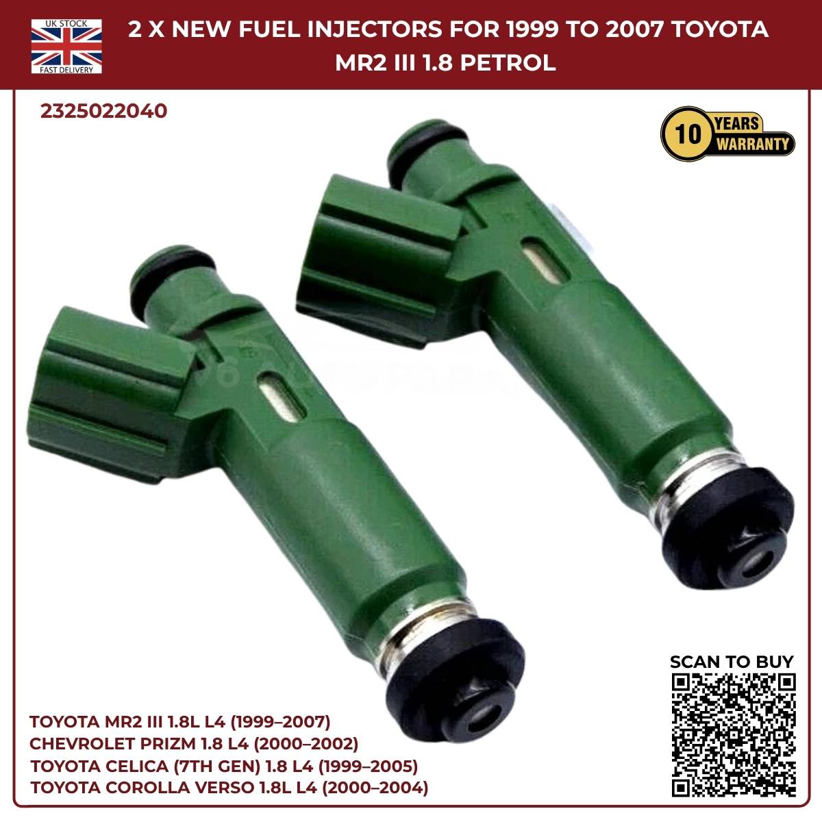 2 x Fuel Injectors – 23250‑22040 – Fits 2000‑2002 Chevrolet Prizm 1.8L L4 Petrol Saloon