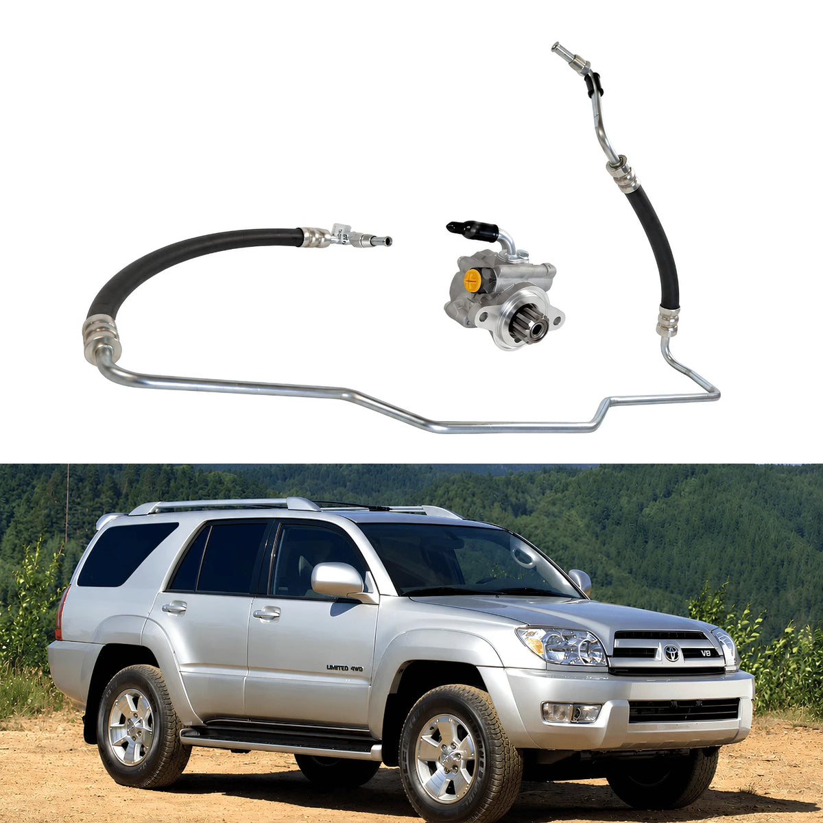 Image of power steering pump and pipe part numbers 44310-0K040 and 44410-0K120