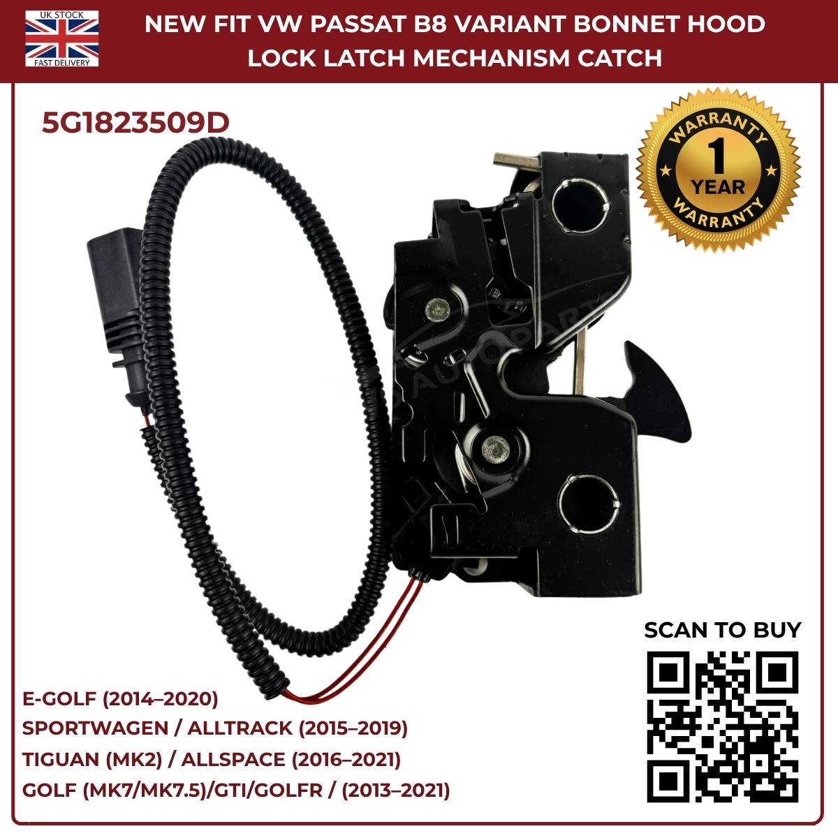 New Bonnet Hood Lock Catch Mechanism for VW Golf MK7 2013–2018 – OEM Ref 5G1823509D