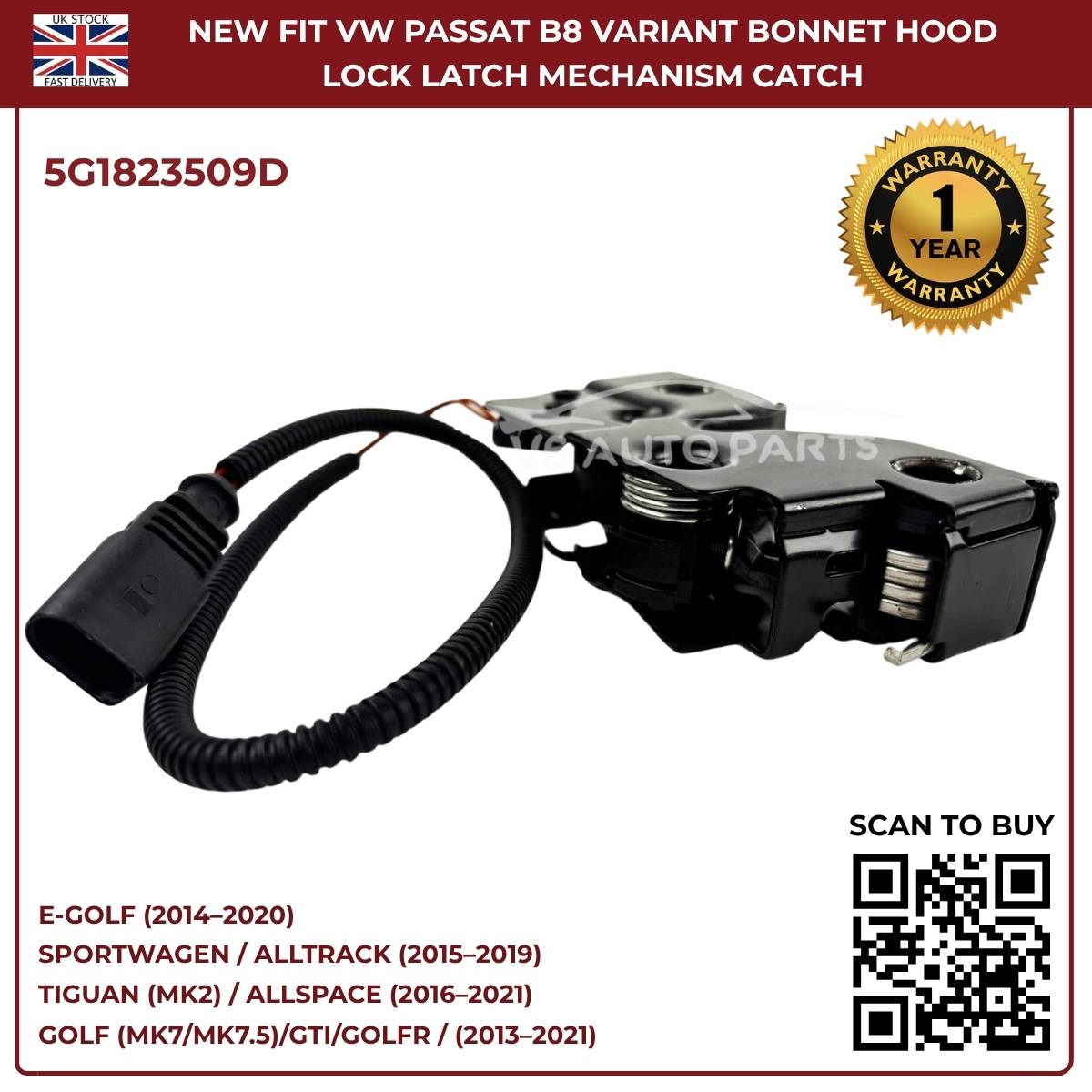New Bonnet Hood Lock Catch Mechanism for VW Golf MK7 2013–2018 – OEM Ref 5G1823509D