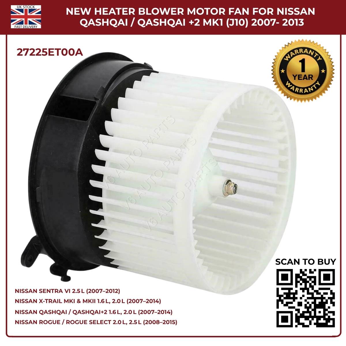 Image of Replacement Heater Blower Fan 27225ET00A for Nissan Qashqai 2007-2014