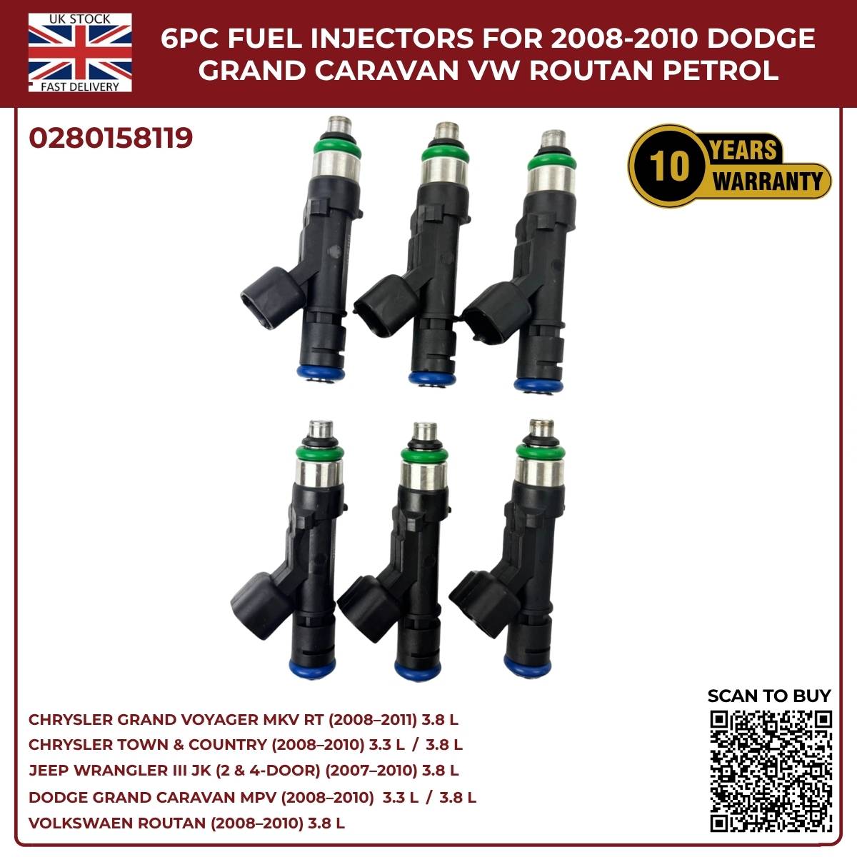 6x Fuel Injectors 04861667AA – Fits 2007‑2010 Jeep Wrangler MKIII 3.8L Petrol AWD