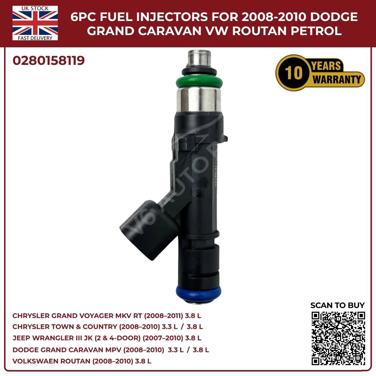 6x Fuel Injectors 04861667AA – Fits 2007‑2010 Jeep Wrangler MKIII 3.8L Petrol AWD