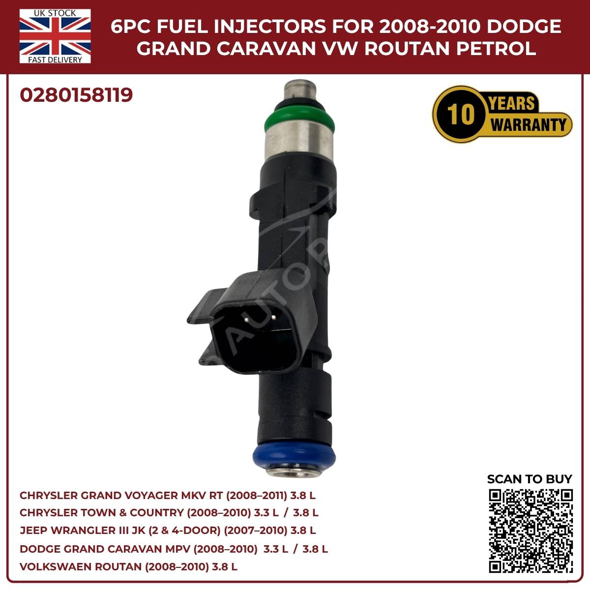 6x Fuel Injectors 04861667AA – Fits 2007‑2010 Jeep Wrangler MKIII 3.8L Petrol AWD