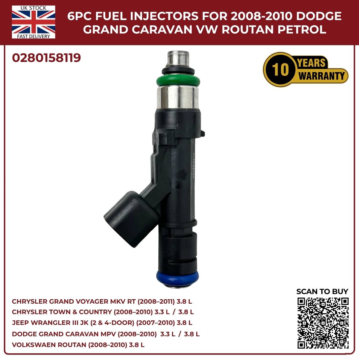 6x Fuel Injectors 04861667AA – Fits 2007‑2010 Jeep Wrangler MKIII 3.8L Petrol AWD
