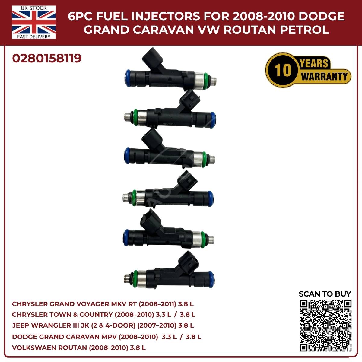 6x Fuel Injectors 04861667AA – Fits 2007‑2010 Jeep Wrangler MKIII 3.8L Petrol AWD