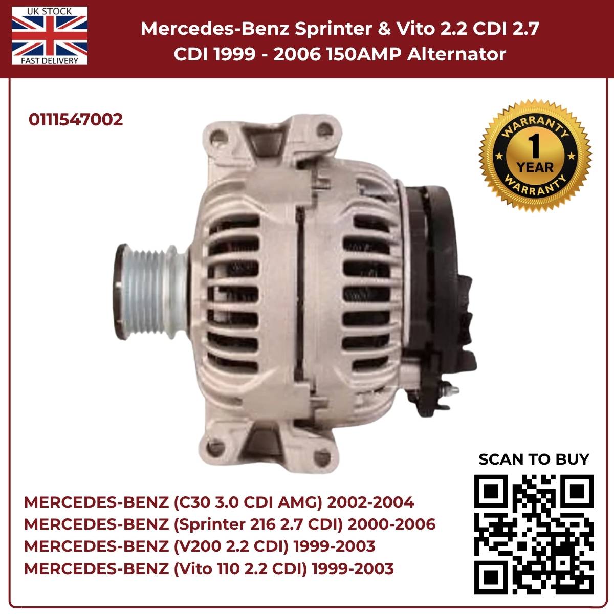 150AMP Alternator for Mercedes-Benz Sprinter & Vito (1999–2006, 2.2 CDI / 2.7 CDI)